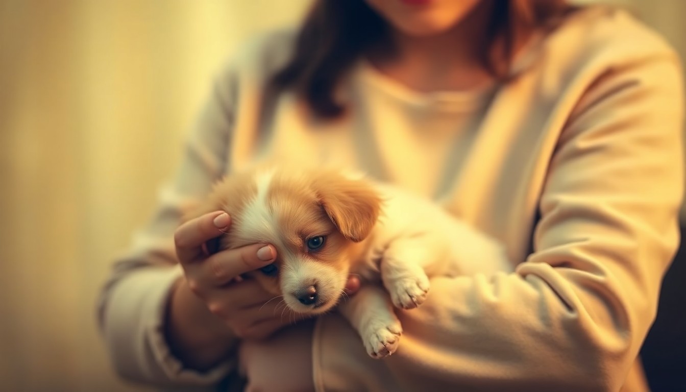 An extremely blurred, intimate photograph in soft, hazy tones depicting the silhouette of a person gently cradling a small animal, conveying the emotional connection between humans and their pets.