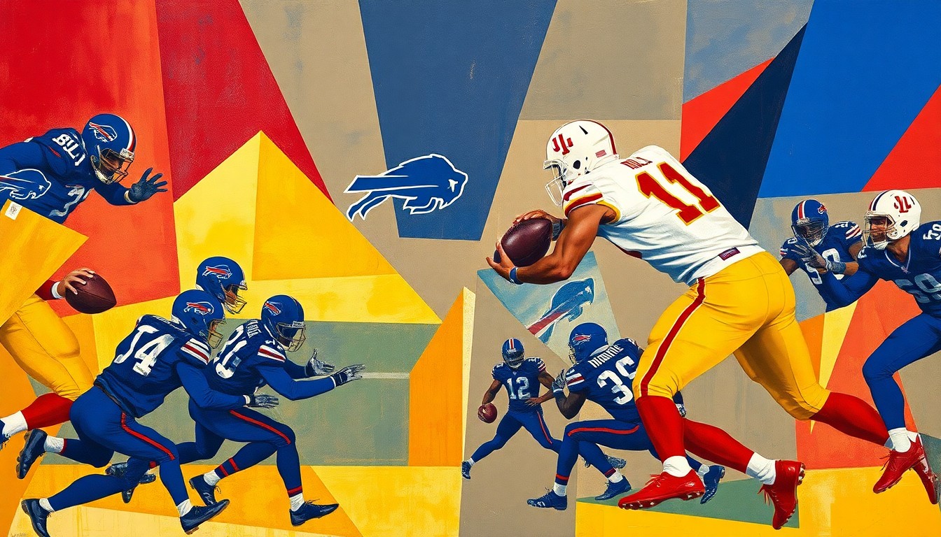 A fractured, geometric painting depicting the intense action of an NFL football game, with the players' forms broken down into sharp, overlapping shapes in a palette of navy, red, and gold.