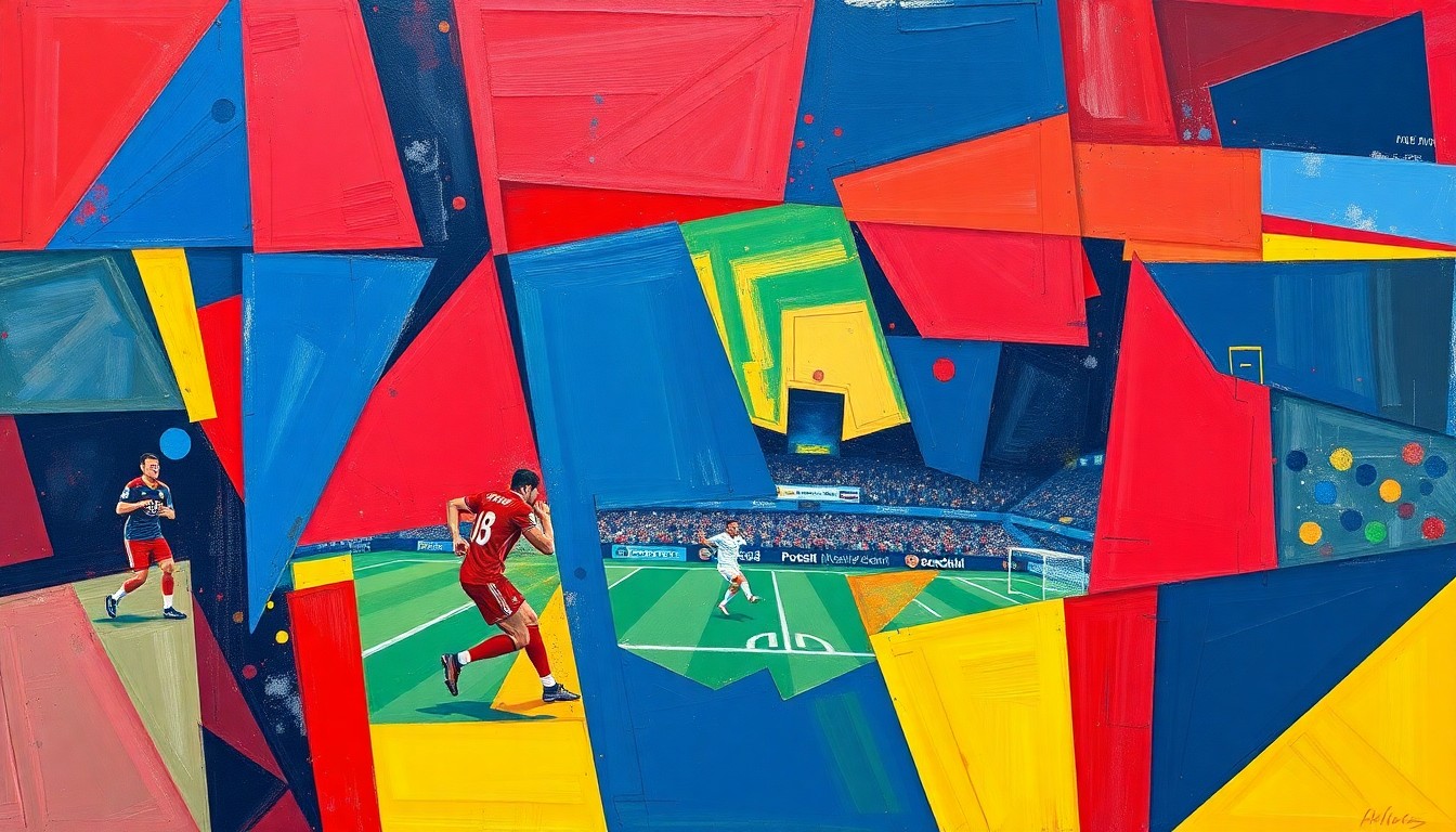 A fragmented, geometric painting in vibrant colors depicting a football game or match, with sharp, overlapping shapes and planes that convey a sense of motion and energy.