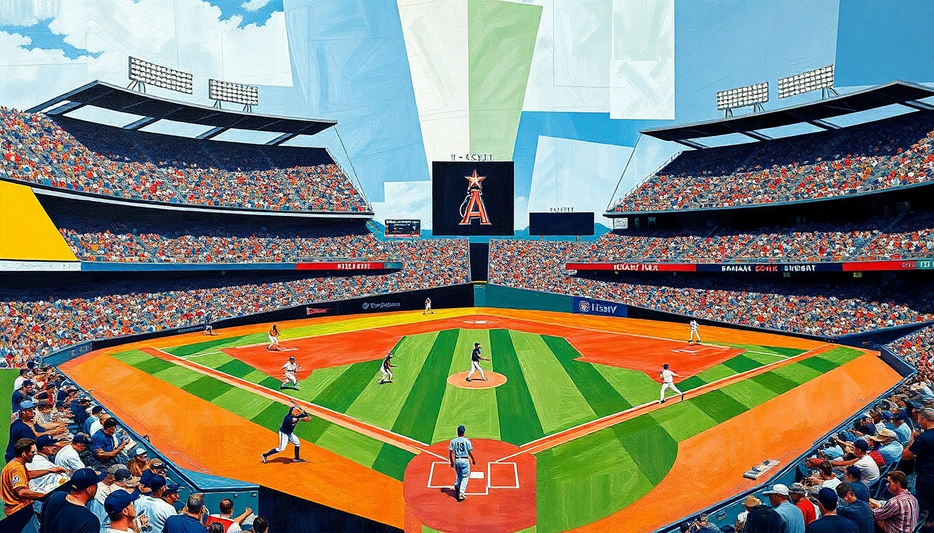 A fragmented, geometric painting in the style of Pablo Picasso, depicting a baseball game broken down into sharp, overlapping planes of color and form, conveying the dynamic action and emotion of the sport.
