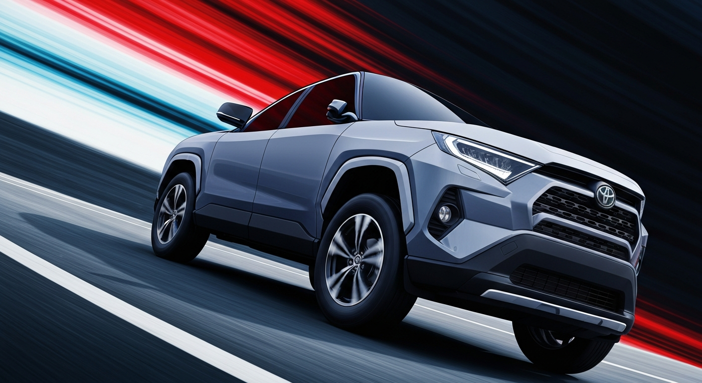 An abstract, blurred image of a Toyota RAV4 in motion, conveying a sense of speed and modern engineering through sweeping streaks of vibrant color.