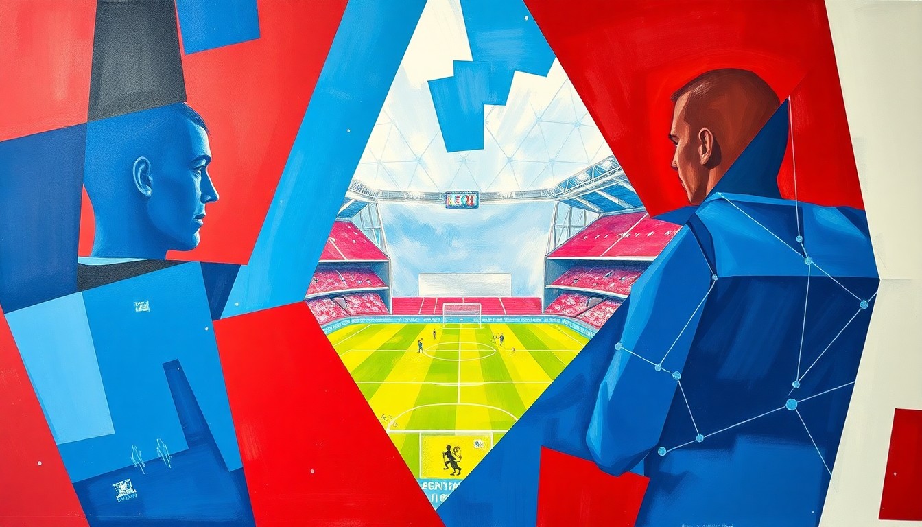 A fragmented, geometric painting depicting a Premier League football match between Chelsea and Manchester City, with sharp, overlapping planes of color and form representing the strategic and competitive nature of the game.