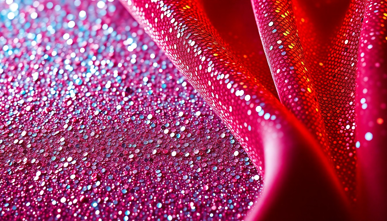 An extreme close-up of a shimmering, textured surface in dramatic lighting, conceptually representing the high-end, glamorous aesthetic of the animated film 'Ray Gunn'.