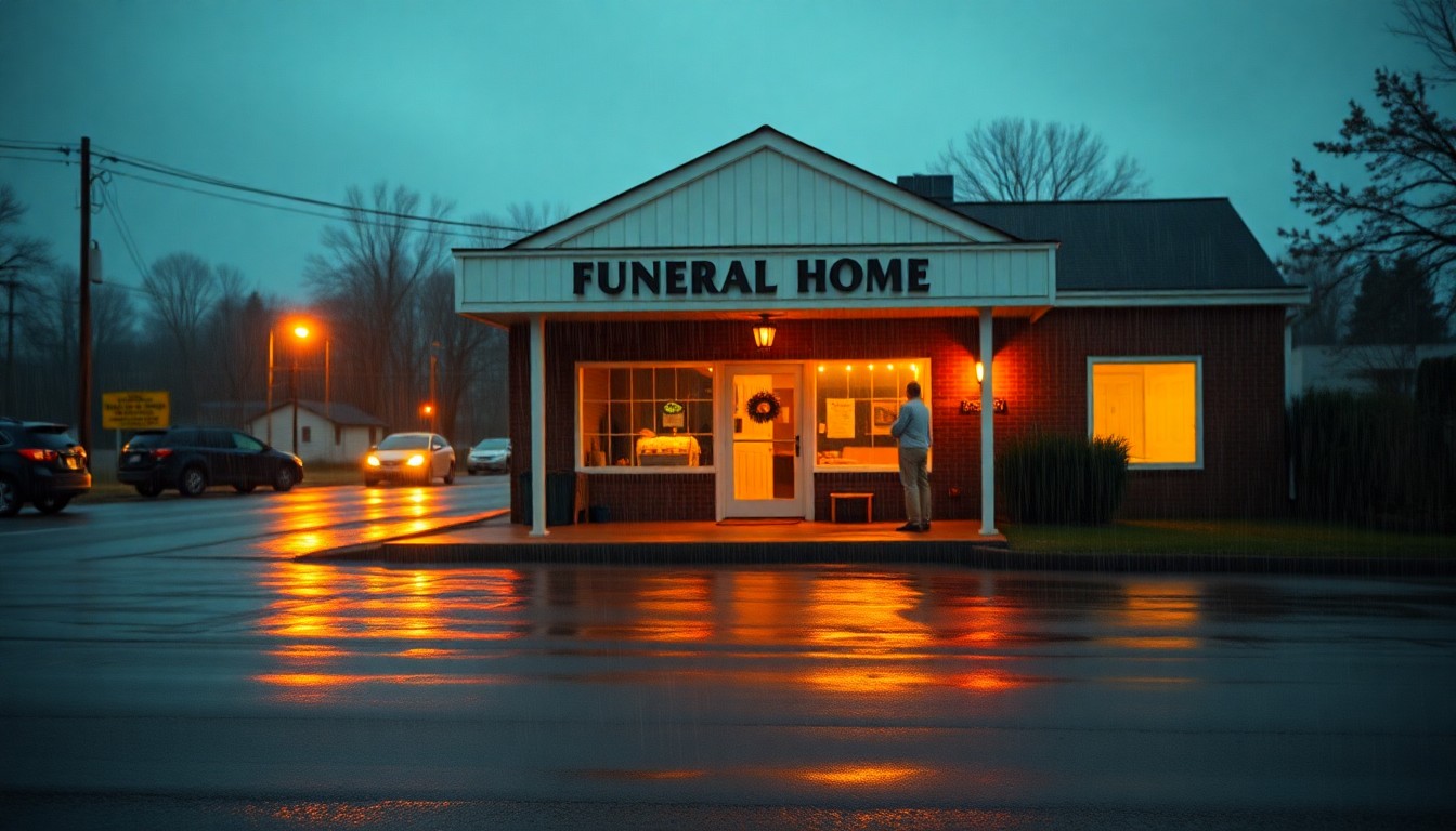 An extremely abstracted, out-of-focus photograph of a blurred funeral home entrance on a rainy day, with warm pools of light reflecting off the wet pavement, conveying a sense of quiet mourning and community remembrance.