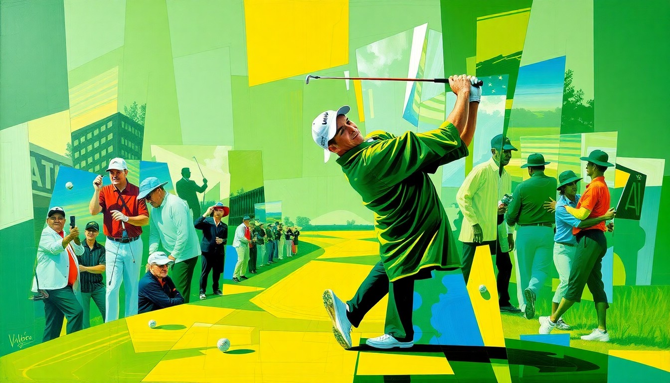 A fractured, geometric painting depicting a golfer's swing and tournament action, with sharp planes of green, blue, and yellow, conveying the dynamic energy and competitive spirit of the Valero Texas Open.