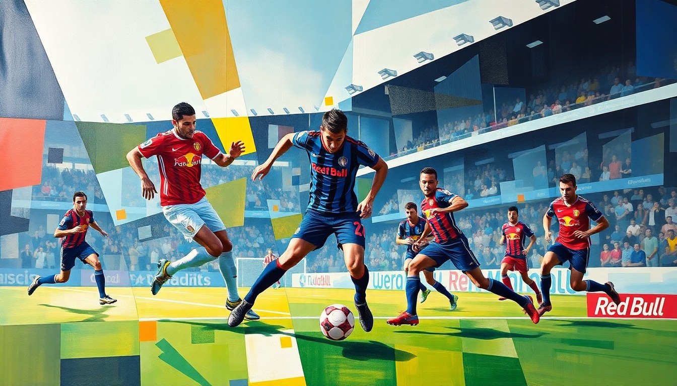 A fractured, multi-perspective painting in the style of Pablo Picasso, breaking a soccer match down into sharp, overlapping geometric planes to capture the energy and movement of the game.