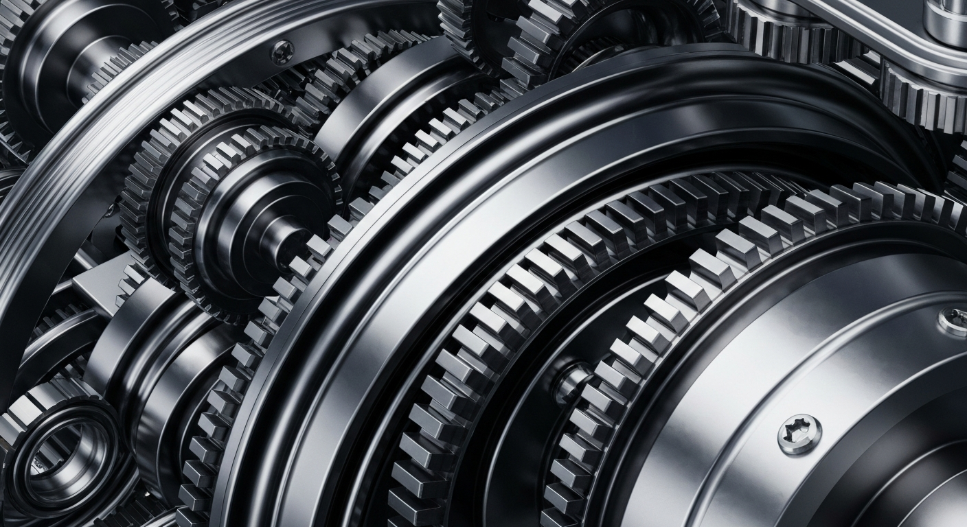 An extreme close-up of a complex array of metal gears, cogs, and machinery, conveying the intricate, high-stakes nature of the financial industry without using any literal financial symbols or text.