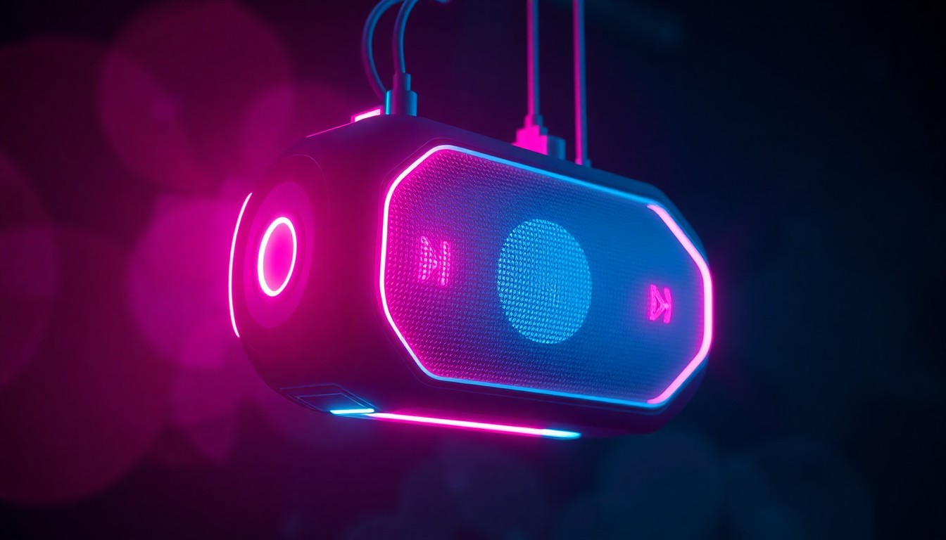 A glowing, 3D macro illustration of a futuristic smart speaker device, its physical tech elements illuminated by neon cyan and magenta lights, suspended in a dark, atmospheric setting, conceptually representing the intersection of advanced technology and the need for consumer trust.