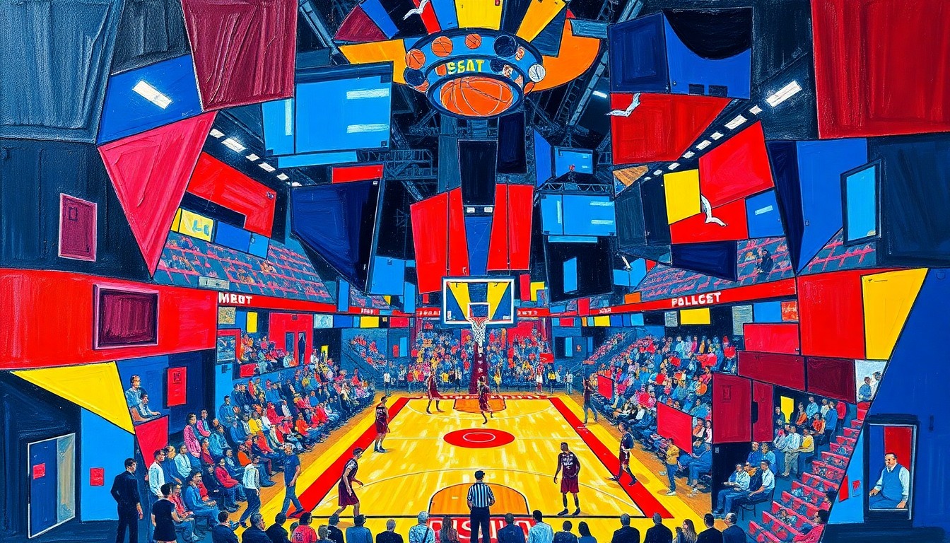 A cubist, geometric painting depicting a fragmented, abstract scene of a basketball arena, with sharp planes of color and overlapping shapes representing the energy and movement of the sport.