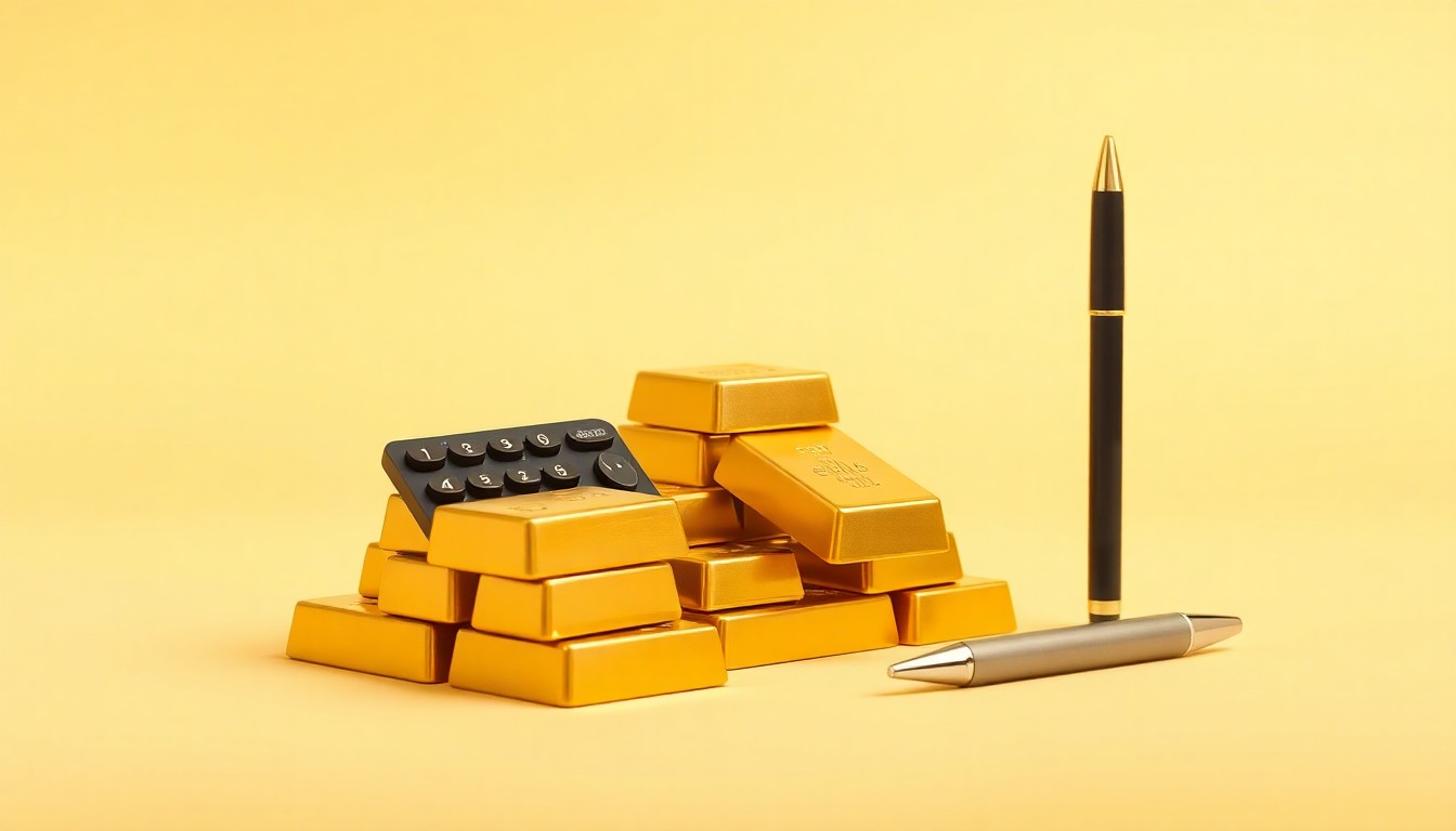 A photorealistic studio still life featuring a stack of gold bullion bars, a calculator, and a pen arranged elegantly on a clean, monochromatic background, conceptually representing the debate around taxing the ultra-wealthy in California.
