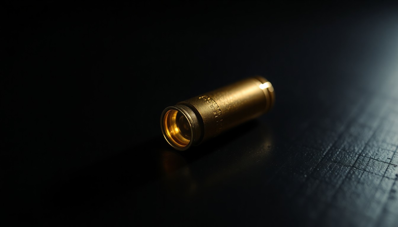 An extreme close-up photograph of a single bullet casing on a dark surface, lit by a harsh, direct camera flash, creating a stark, gritty, investigative aesthetic.