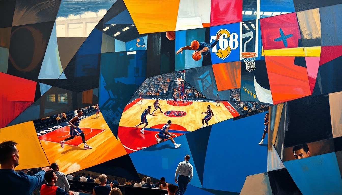 A fractured, multi-perspective painting in the style of Pablo Picasso, breaking down a basketball game into sharp, overlapping geometric planes that convey the raw intensity and strategic depth of the competition.