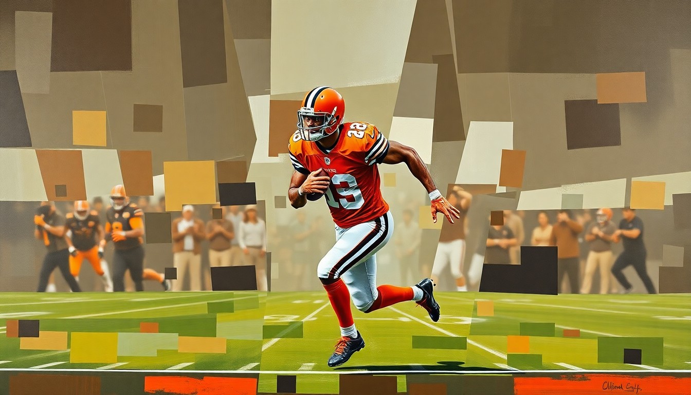 A fragmented, geometric painting depicting a football player in motion, with sharp, overlapping planes of dark brown, orange, and white, conceptually representing the troubling pattern of speeding violations by Cleveland Browns star Myles Garrett.