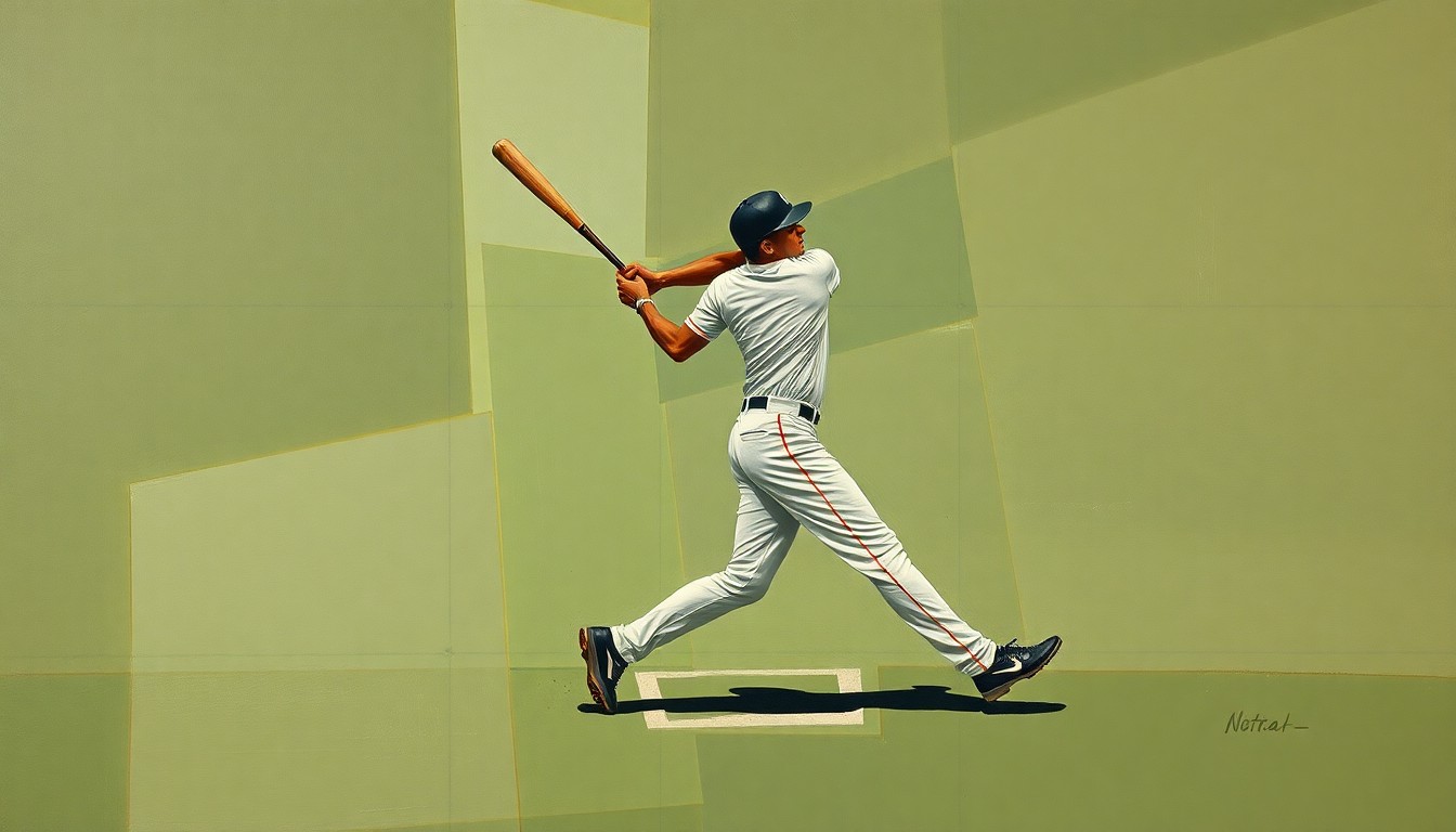 A cubist-style painting depicting a baseball player's swing or fielding motion broken down into sharp, overlapping geometric shapes in muted earth tones, conveying the fragmented and uncertain nature of the player's journey.