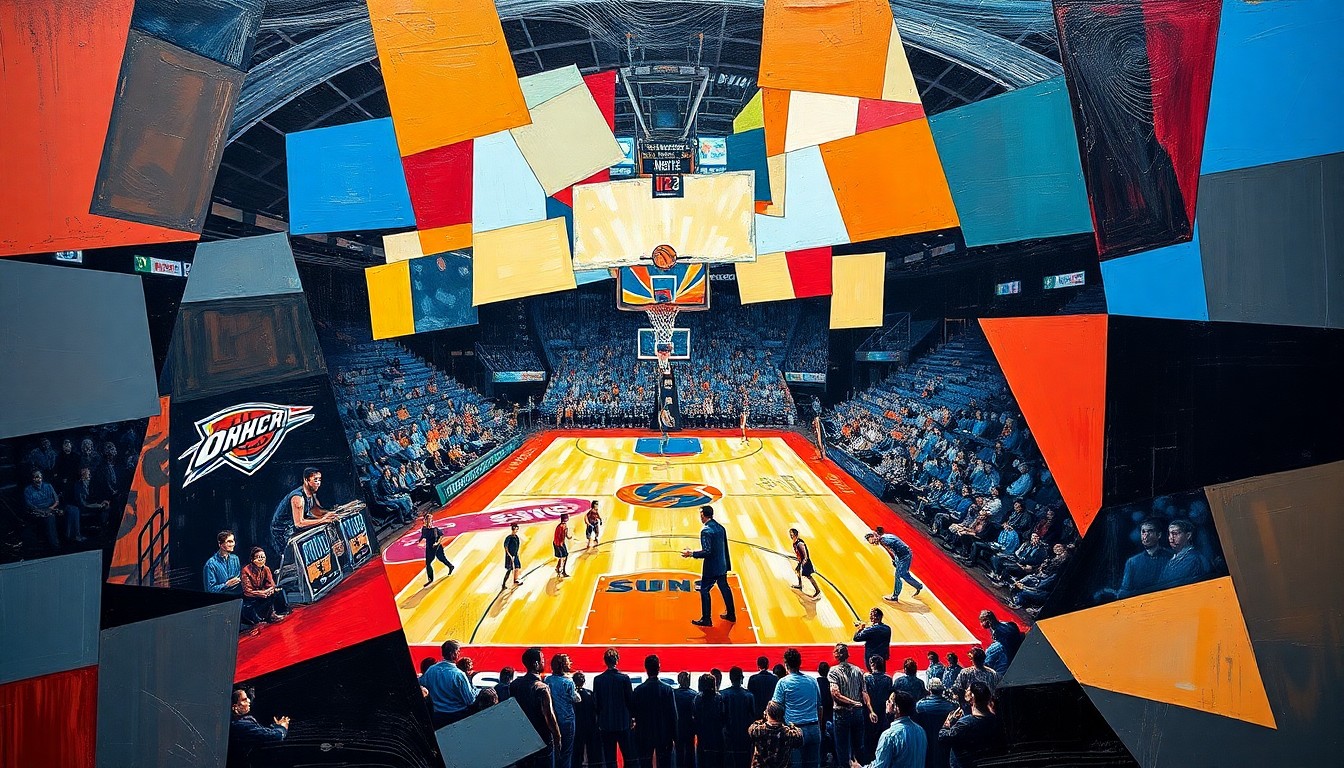 A cubist, geometric painting depicting an abstract basketball game, with overlapping planes of color and form representing the competitive energy of the matchup between the Oklahoma City Thunder and Phoenix Suns.