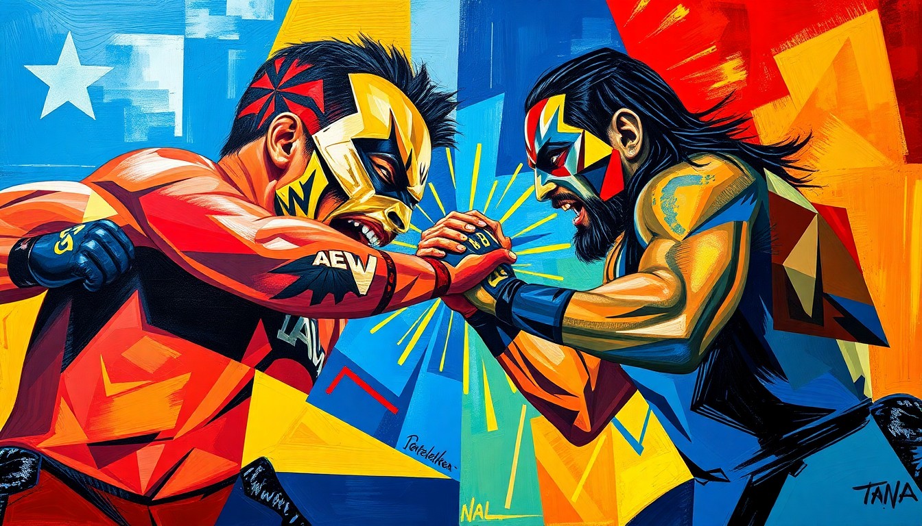 A dynamic, cubist-inspired painting depicting the intense action and competitive tension of a wrestling match, with the figures and arena broken down into fragmented geometric shapes and planes of vibrant color.