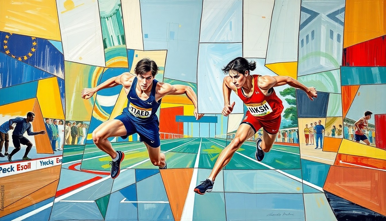 A cubist, geometric painting depicting the dynamic motion and competition of track and field events, with overlapping planes of color and form representing the athletic prowess of the two student-athletes.