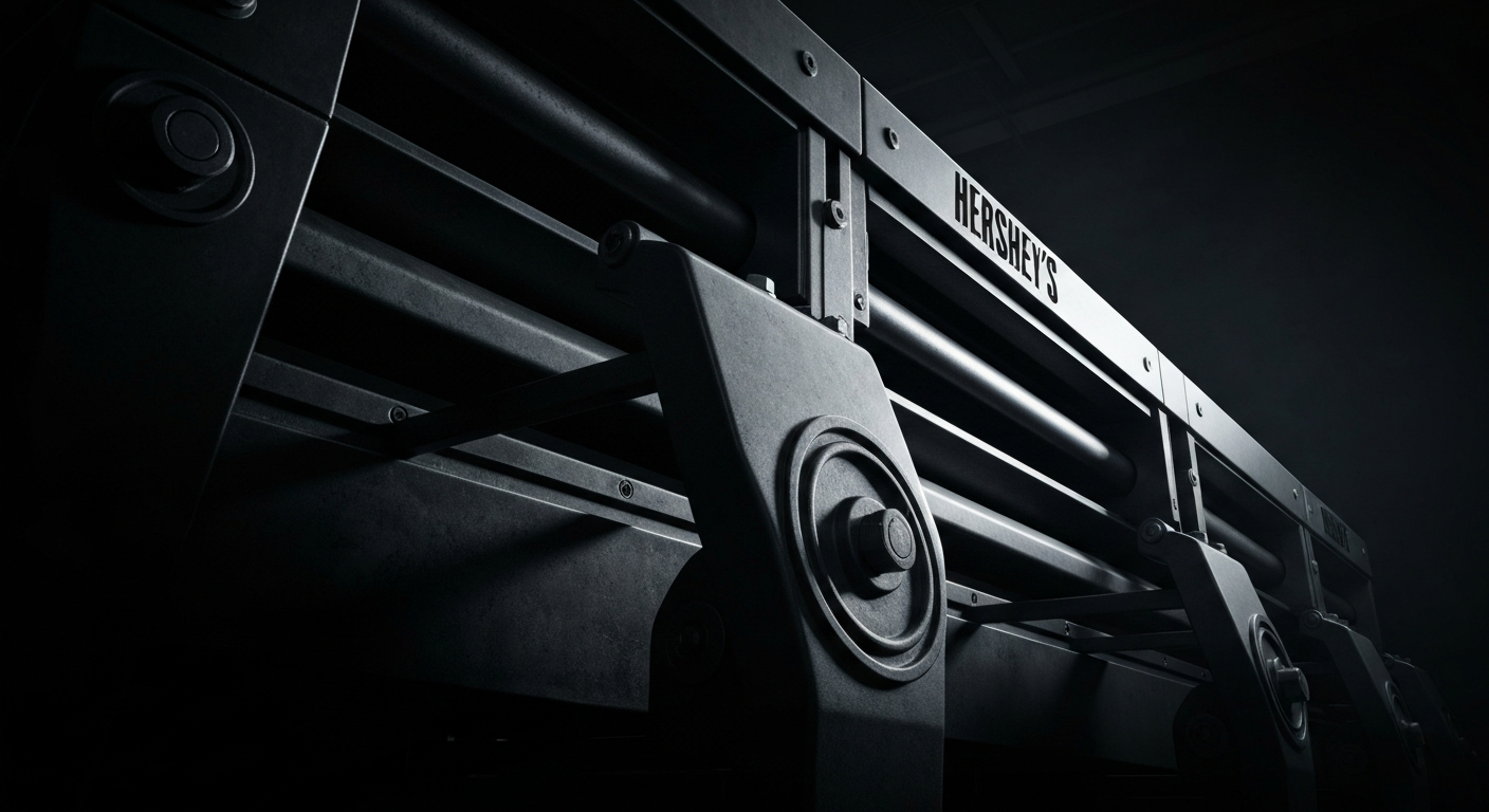 An extreme close-up of intricate, metallic banking machinery and gears, conceptually representing the institutional power and financial security of Hershey's business.
