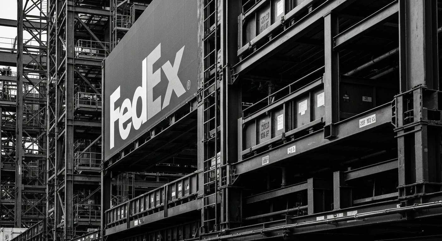 A high-contrast, cinematic close-up view of the heavy machinery and industrial infrastructure that powers FedEx's global logistics operations, conveying a sense of scale, complexity and physical power without using any text or branding.