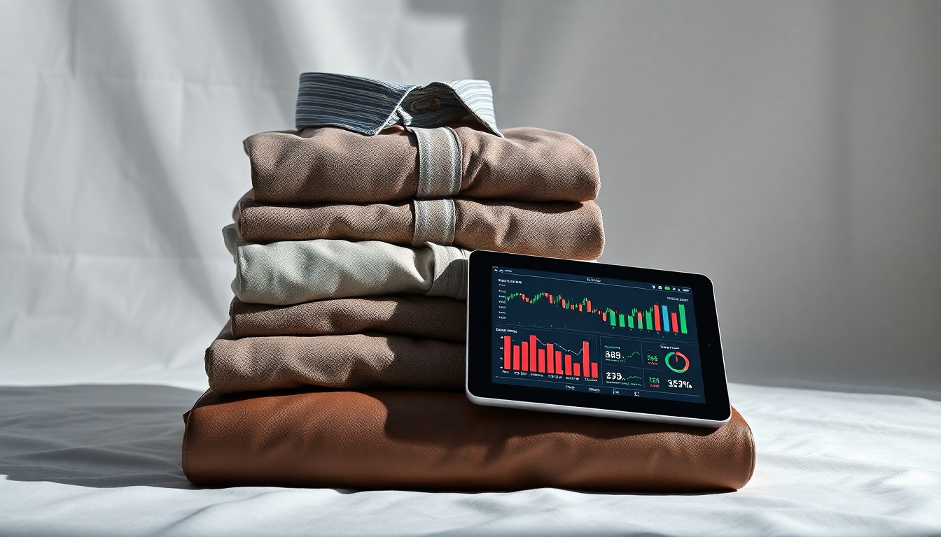 A photorealistic studio still life featuring neatly folded designer clothing items and a tablet displaying stock charts, all arranged elegantly on a clean white background to symbolize the financial success and strategic positioning of the off-price retail sector.