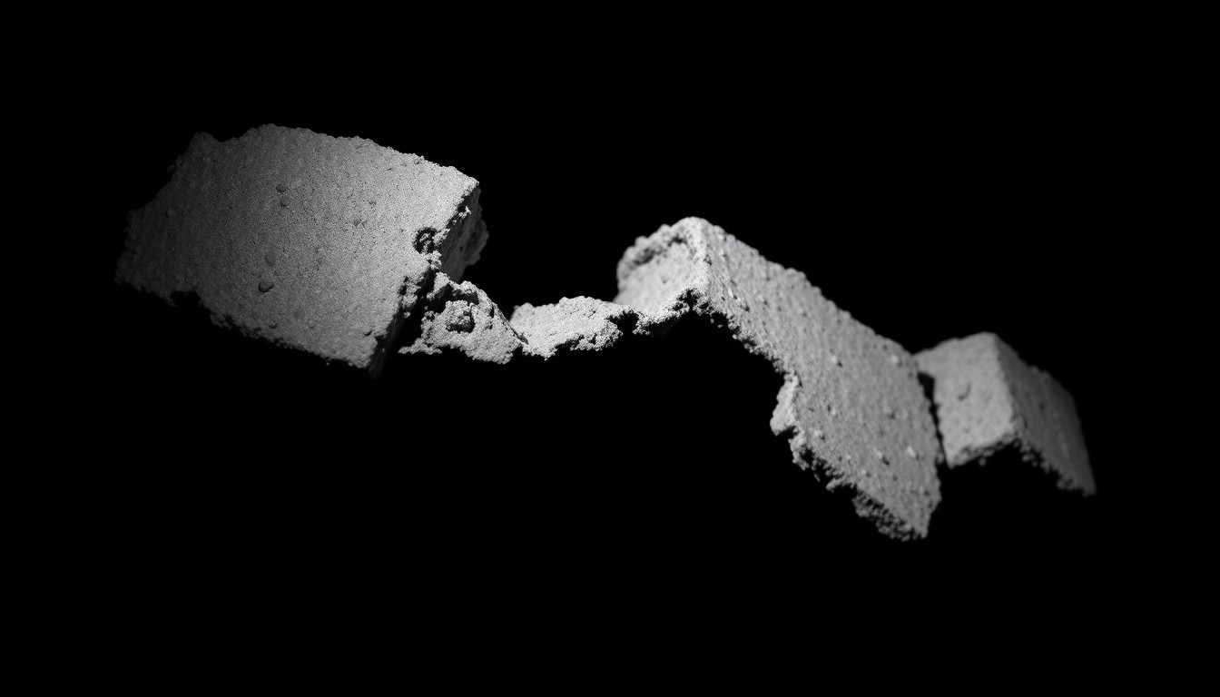 An extreme close-up photograph of a twisted, damaged piece of concrete construction material, lit by a harsh, direct camera flash against a pitch-black background, conveying the gritty, investigative nature of the incident.