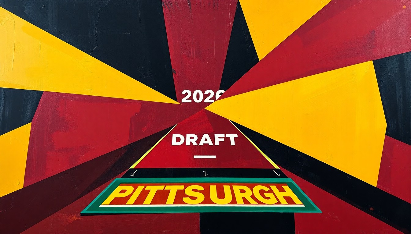 A fragmented, multi-angled painting in bold team colors that conceptually represents the logistical hurdles of the 2026 NFL Draft in Pittsburgh.