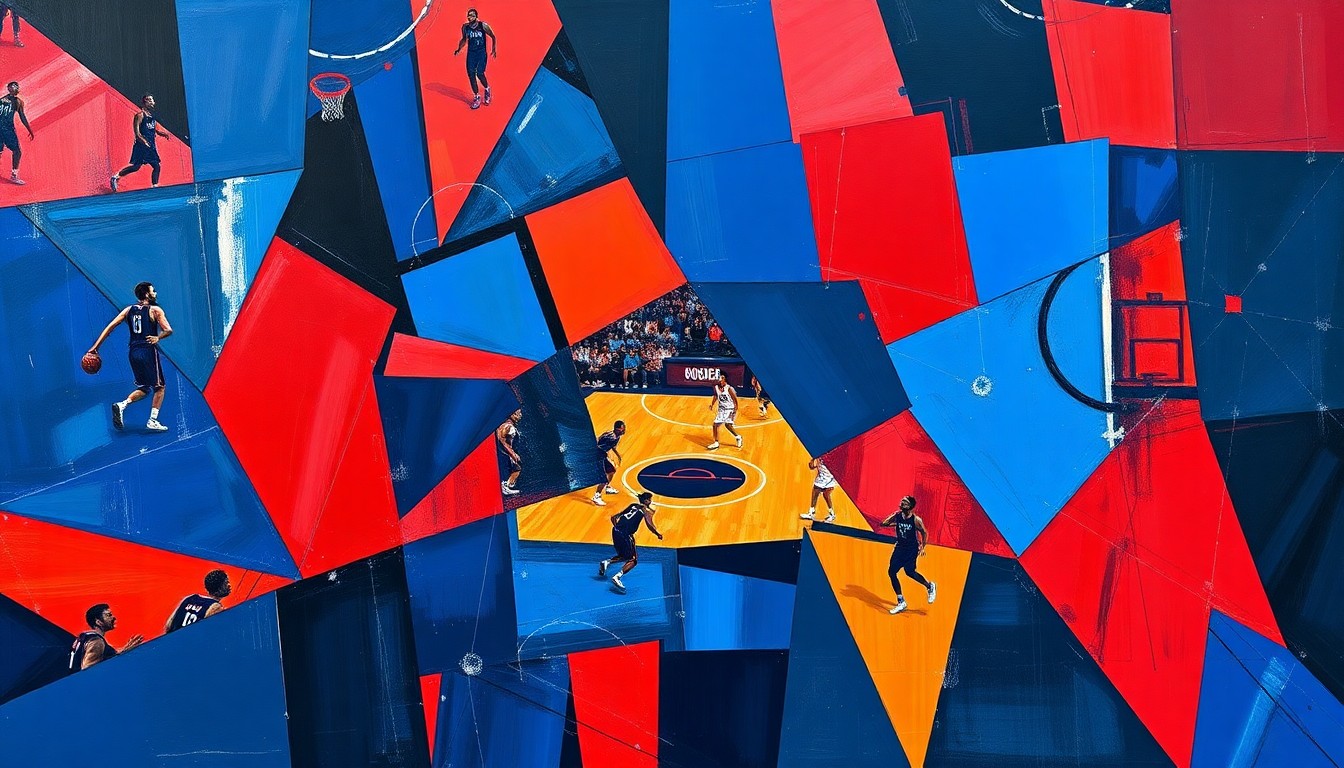 A cubist, geometric painting depicting a fragmented basketball game, with sharp, overlapping planes of navy, blue, and red conveying the dynamic energy of the sport.
