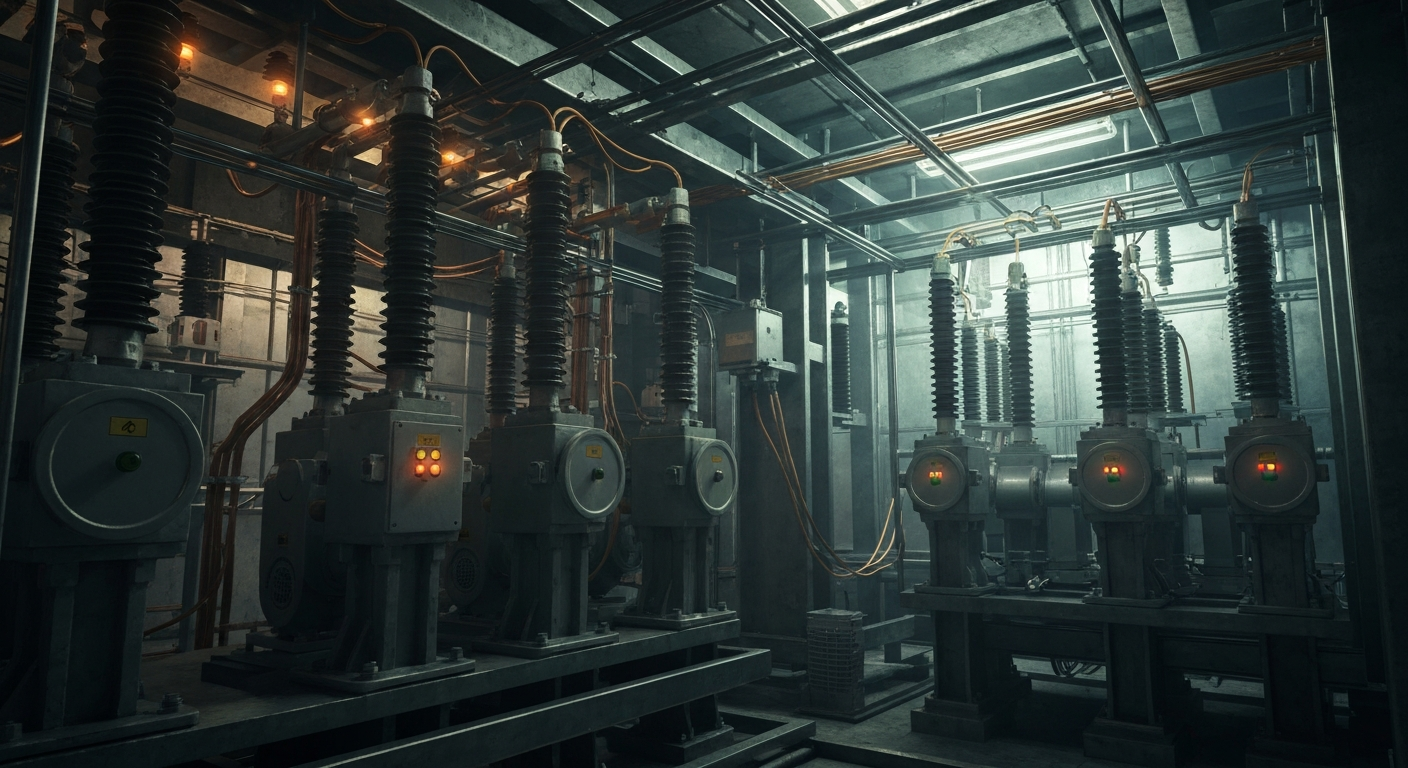 An extreme close-up of the intricate machinery and wiring inside an electrical substation, conveying the complex financial infrastructure and institutional power of the utility industry.