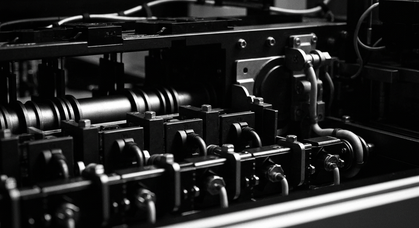 A close-up, high-contrast image of the intricate gears, circuits, and metal components that make up the internal workings of a financial transaction processing system, conveying a sense of the complex, powerful machinery that underpins the modern financial industry.