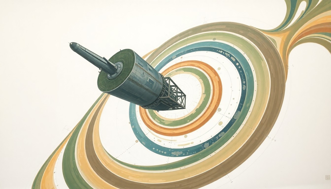 A bold, abstract painting in earthy tones of green, brown, and blue, featuring sweeping geometric arcs, concentric circles, and precise spirals, conceptually representing the complex forces and structural order involved in a space launch to the International Space Station.