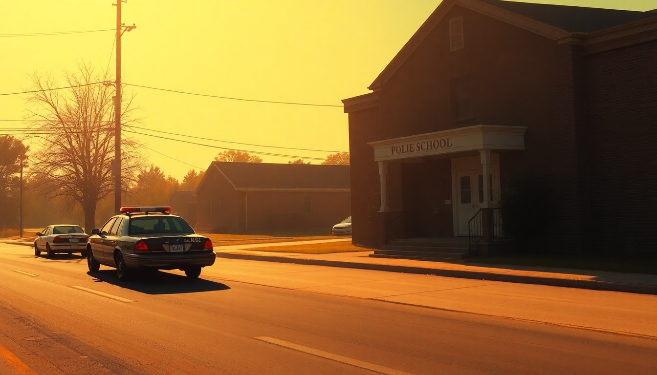 A serene, photorealistic painting of a lone police car parked outside a small-town school building, the car and building bathed in warm, golden sunlight and deep shadows, conceptually representing the new school resource deputy program's goal of improving public safety and emergency response in Cass County's rural areas.
