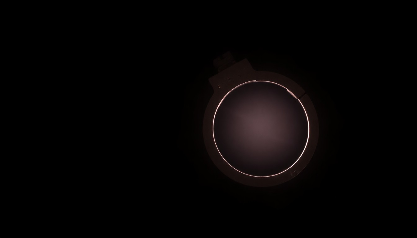 An extreme close-up photograph of a police badge or handcuff, capturing the stark, gritty, and investigative nature of the crime scene through dramatic lighting and shallow depth of field.