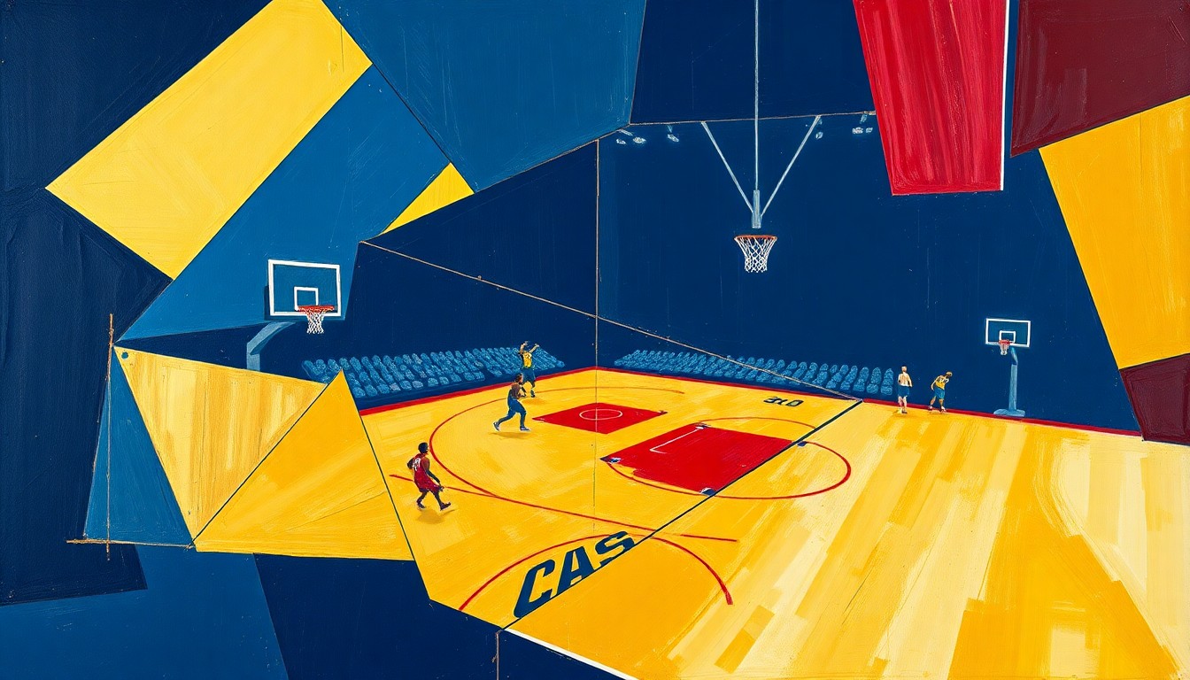 A fragmented, geometric painting depicting a basketball game or match, with sharp planes of navy blue, gold, and red intersecting to create a dynamic, multi-perspective scene.