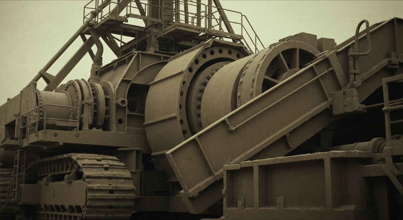 A highly detailed, cinematic close-up of the heavy, industrial machinery and equipment used in the uranium mining process, conveying the physical, mechanical nature of the work without any text or identifiable elements.
