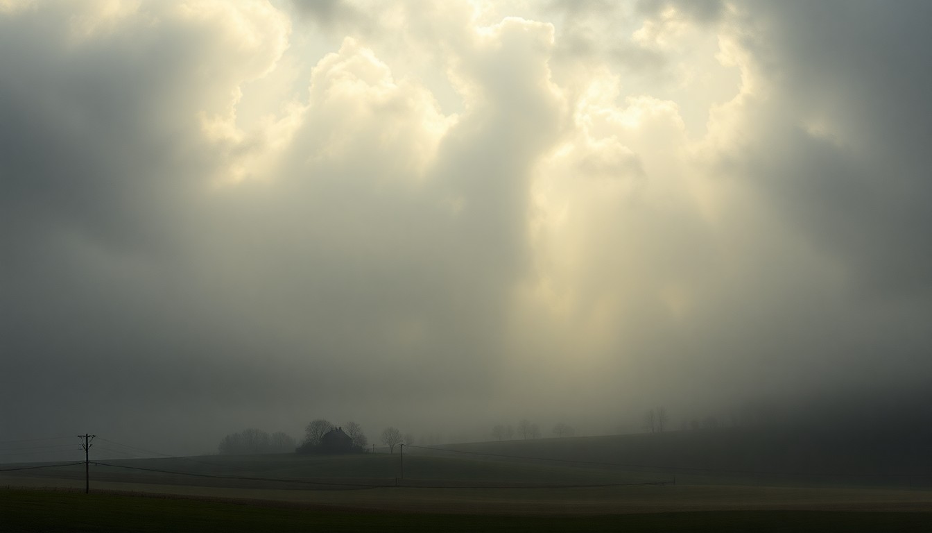 A vast, atmospheric landscape painting in muted tones of gray, blue, and green, depicting a rural countryside scene shrouded in heavy fog and dramatic lighting, conveying the scale and power of changing weather conditions.