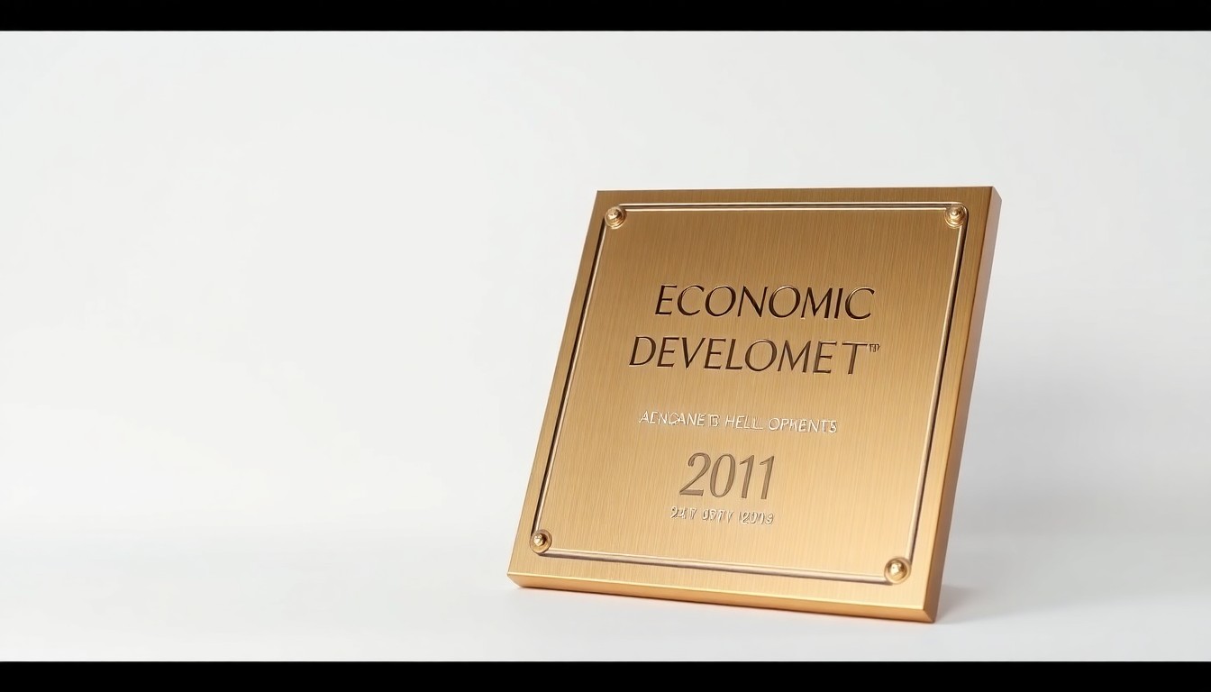 A highly detailed, photorealistic studio photograph of a shiny metal plaque or trophy resting on a plain white background, conveying a sense of prestige and recognition associated with economic development initiatives.