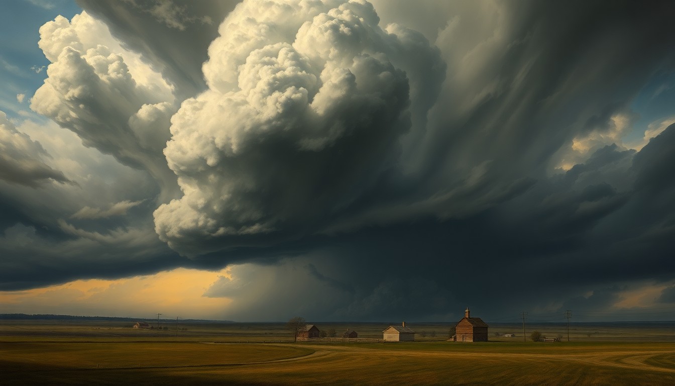 A sweeping, atmospheric landscape painting in muted tones of gray, blue, and green, depicting a stormy sky with heavy clouds looming over a rural Midwestern scene. The composition uses deep perspective and dramatic lighting to convey the overwhelming scale and power of the approaching weather system.
