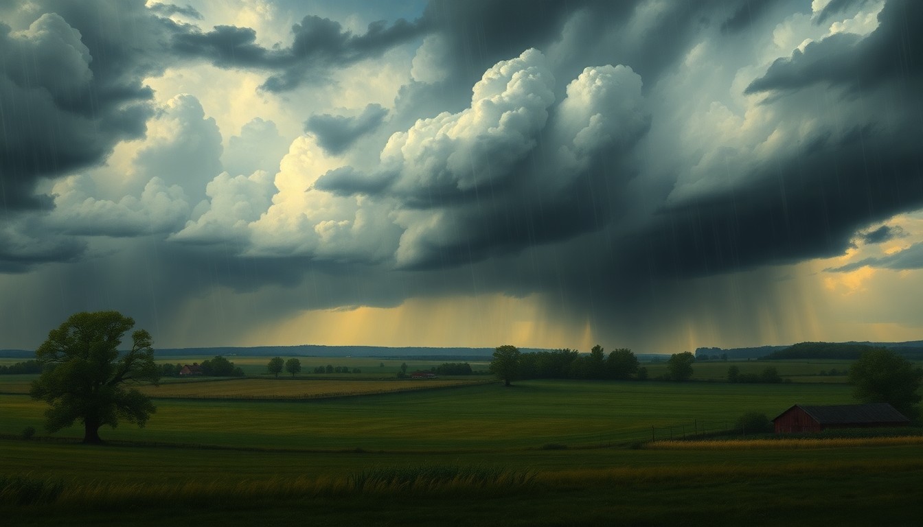 A sweeping, atmospheric landscape painting in muted tones of gray, blue, and green, with dramatic storm clouds obscuring the details of the rural scene below, conveying the overwhelming power of an approaching weather system.
