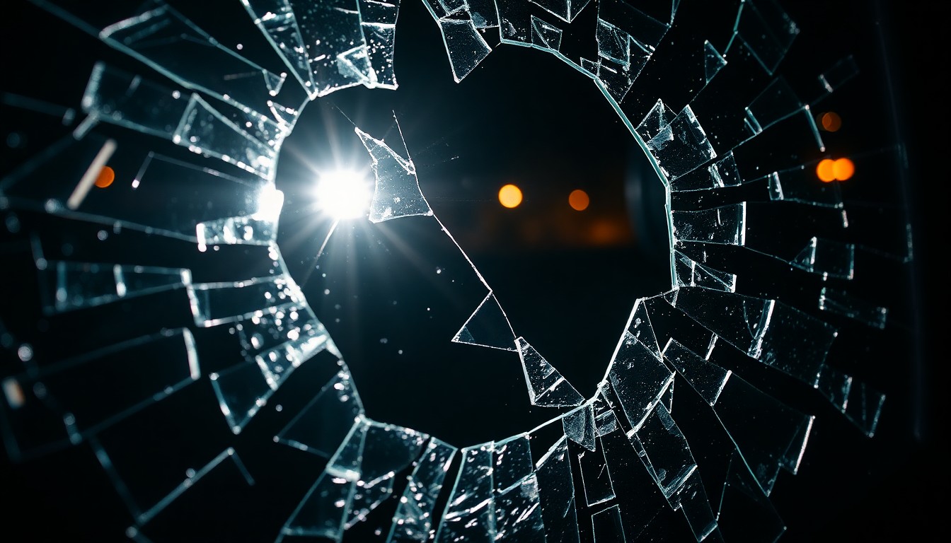An extreme close-up photograph of shattered car window glass reflecting the harsh glare of a camera flash, conceptually representing the sudden and invasive nature of a car break-in.