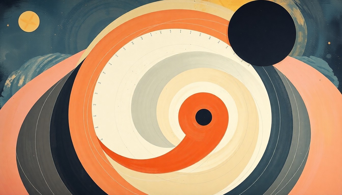 An abstract, highly structured painting in soft, flat colors featuring sweeping geometric arcs, concentric planetary circles, and precise botanical spirals, conceptually representing the complex forces and concepts of space exploration.