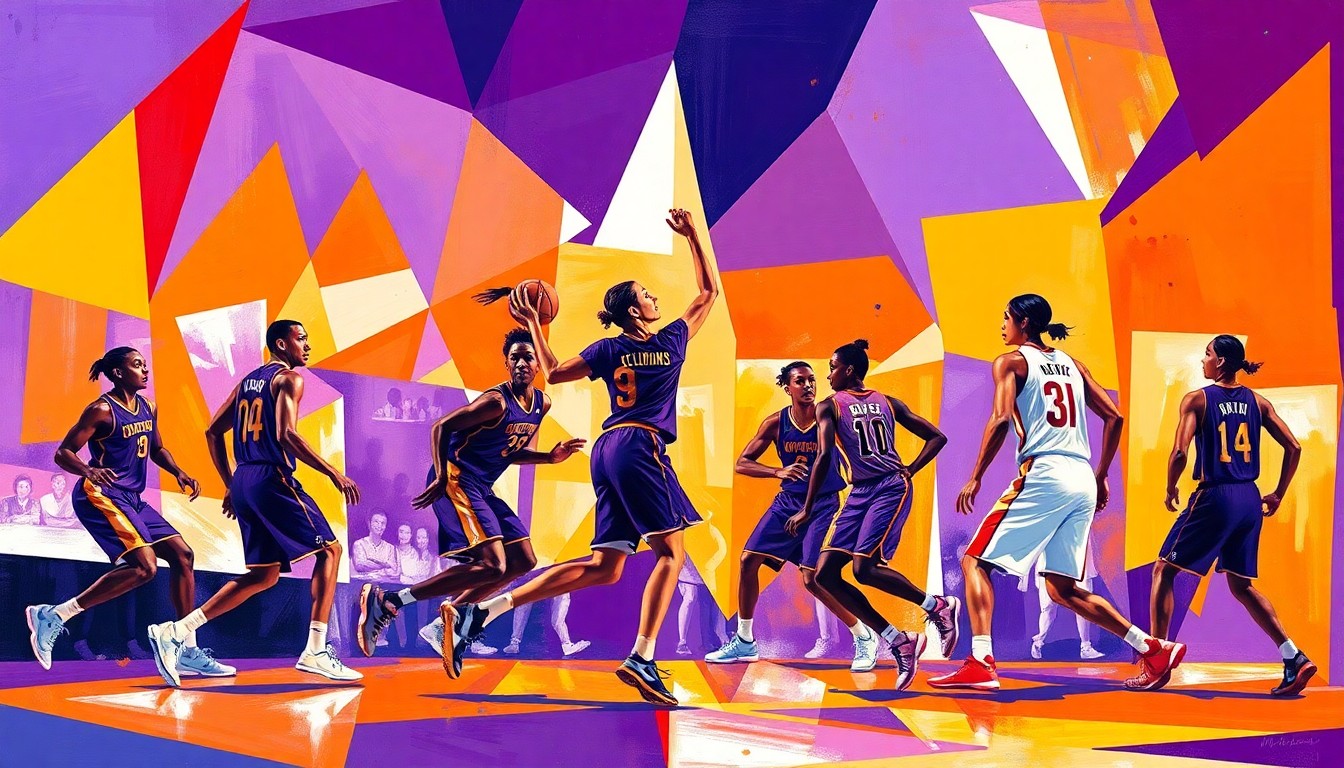A cubist, geometric painting depicting a Phoenix Mercury basketball game, with the players' forms and movements broken down into abstract shapes and angles in vibrant team colors.
