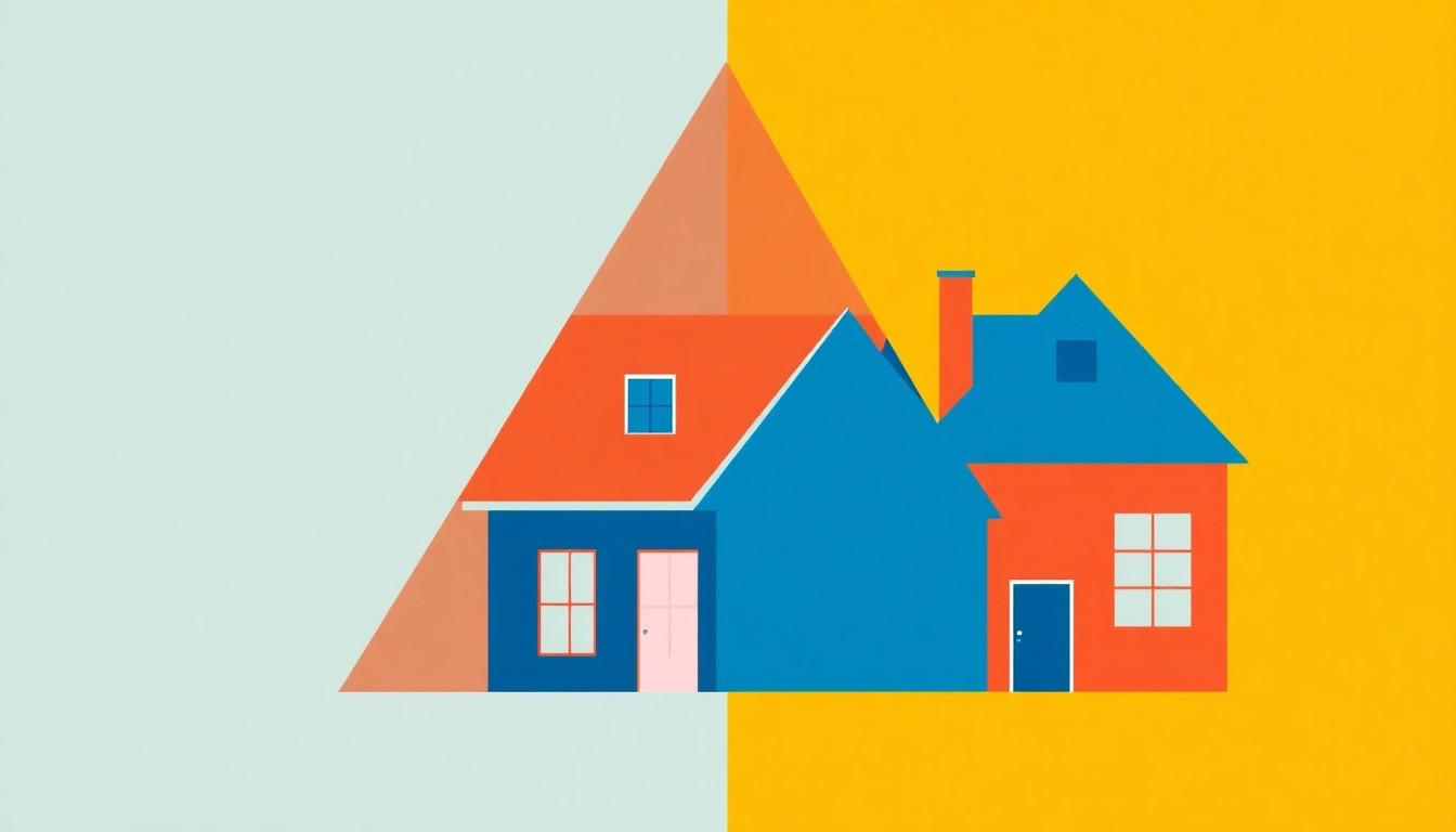 A minimalist composition using bold geometric shapes in primary colors to conceptually represent the housing market imbalance, with a large triangle shape symbolizing older homeowners unable to sell and a smaller triangle shape representing young buyers unable to afford homes.