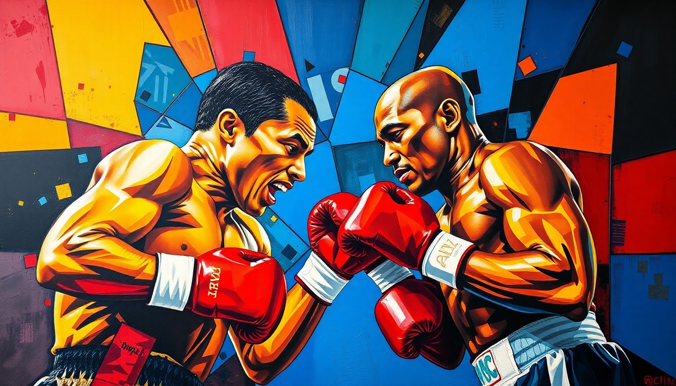 A cubist, geometric painting depicting a boxing match between two figures, their forms fractured and overlapping in a dynamic, abstract composition using bold primary colors.