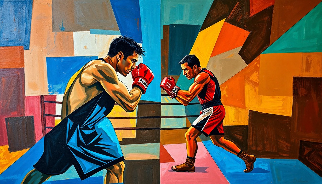 A fractured, geometric painting depicting a boxer in motion, with sharp planes of color and overlapping perspectives conveying the raw energy and determination of the sport.