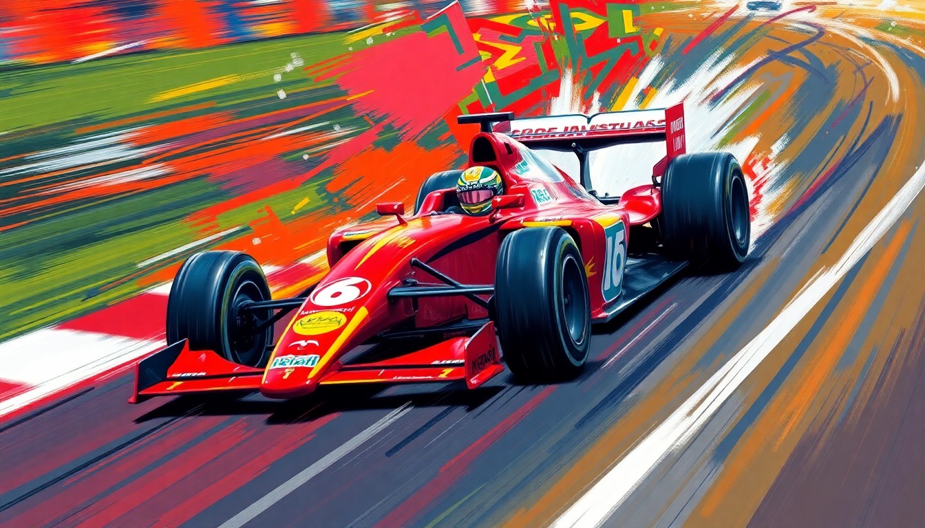 An abstract, expressionistic painting featuring a Formula 1 race car in a blur of neon colors and dynamic brushstrokes, conveying the intense energy and motion of the sport.