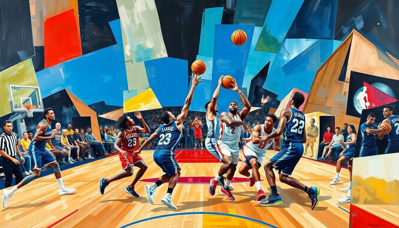 A cubist-style painting depicting the intense basketball action and competition between the Clippers and Nuggets, with sharp, overlapping geometric planes capturing the energy and drama of the game's final seconds.