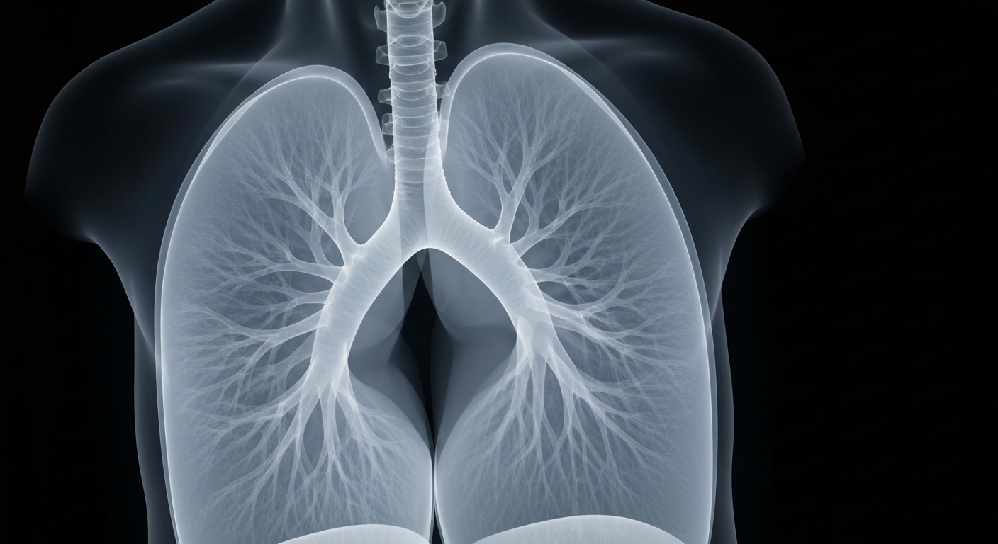 An extreme macro, translucent X-ray photograph revealing the intricate internal structure of a human lung, conceptually illustrating the importance of treatment timing in cancer care.