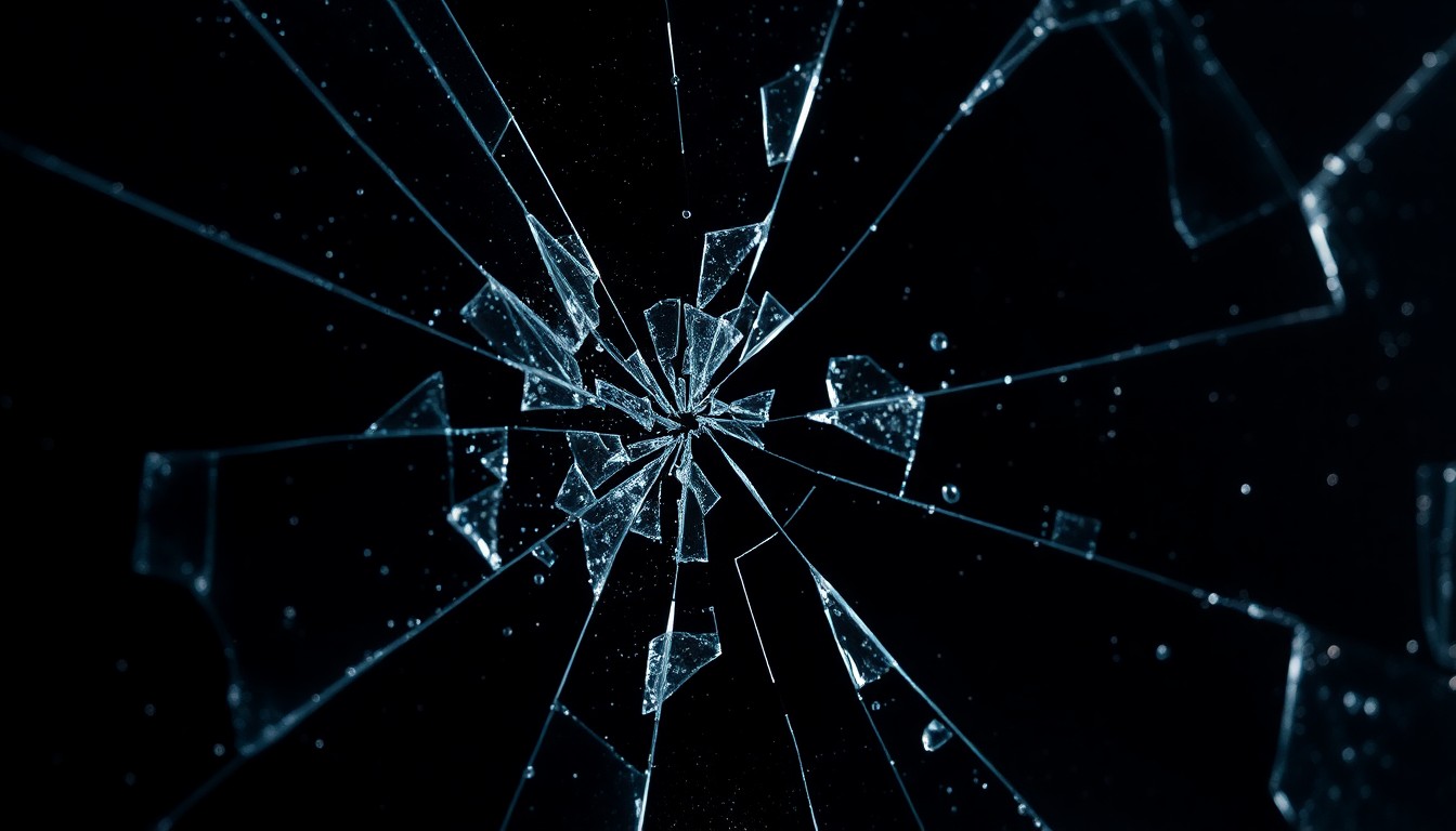 An abstract, high-contrast close-up photograph of a shattered, glittering glass surface, conceptually representing the fragility and danger of authoritarian power.