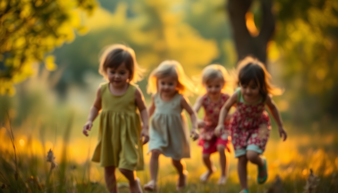 An extremely abstracted, out-of-focus photograph of children playing in a natural setting, with soft, warm pools of light and color creating a dreamlike, atmospheric scene that captures the importance of outdoor education.