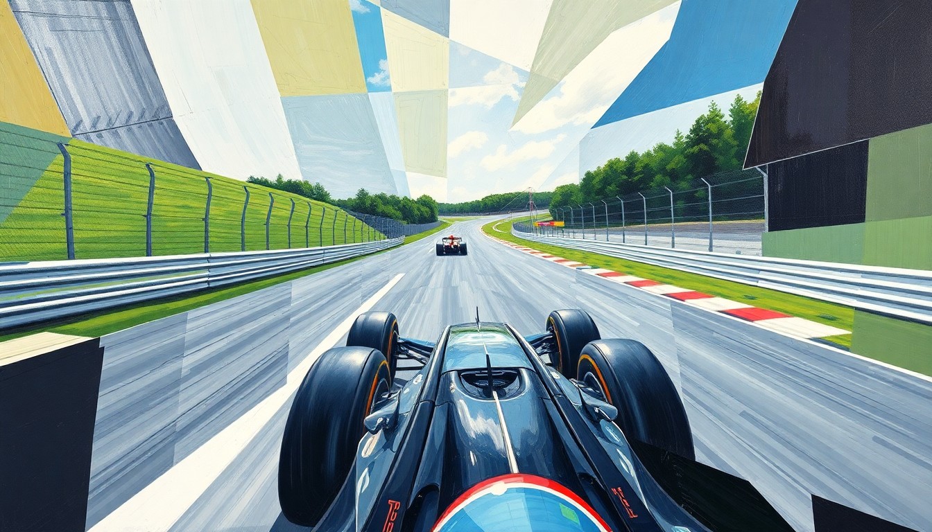A cubist, geometric painting depicting an F1 car in motion around the winding Nürburgring Nordschleife circuit, with the car's form broken down into sharp, overlapping planes of color and shape, conveying the challenge and danger of the legendary 'Green Hell' track.